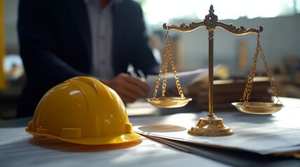An office scene featuring a legal scale, a yellow hard hat, and documents, symbolizing the intersection of law and construction safety.