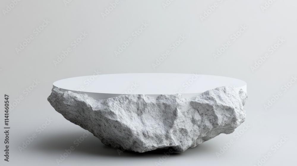 Poster a minimalist table featuring a round white top and a textured rock base.