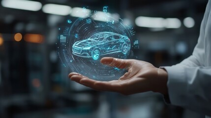 A futuristic hand holds a holographic car model, symbolizing innovation in automotive technology and digital transformation.