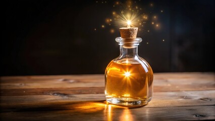 A Glowing Glass Bottle with a Cork Stopper and Golden Liquid on a Wooden Table