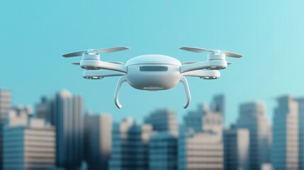 Fototapeta premium SEO content and trends concept. Flying drone above a city skyline with a clear blue sky background.