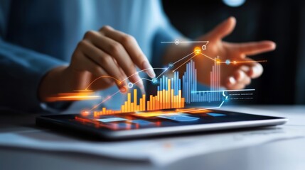 A person analyzes data on a tablet, interacting with vibrant digital graphs and charts representing business metrics and performance.