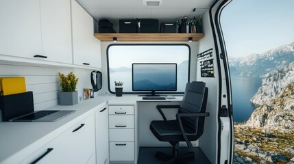 SEO content and trends concept. Modern van interior with workspace, featuring a scenic view.