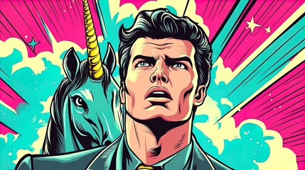 Empowering Imagery: Modern Professional in Sharp Gray Suit Riding a Unicorn with Golden Horn — Perfect for Sports Interior Poster!