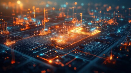 A vibrant digital landscape depicting a futuristic circuit board illuminated with glowing nodes and connections, showcasing advanced technology.