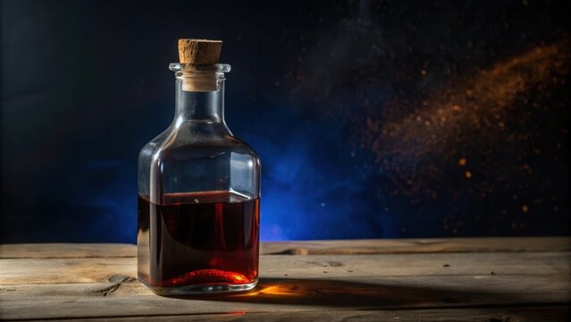 A Glass Bottle with Cork Stopper and Dark Liquid on a Wooden Table