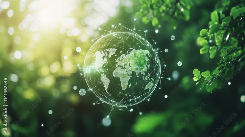 Canvas Prints A glowing globe surrounded by greenery symbolizes global connectivity and environmental awareness in a vibrant, nature-filled setting.