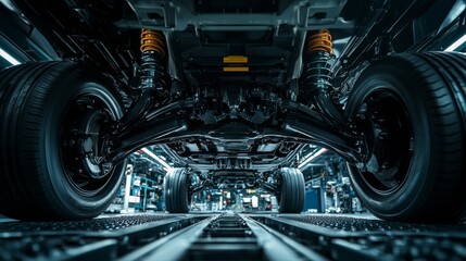 Fototapeta premium A close-up view of the undercarriage of a vehicle, showcasing its suspension system, wheels, and the intricate structure of automotive engineering.