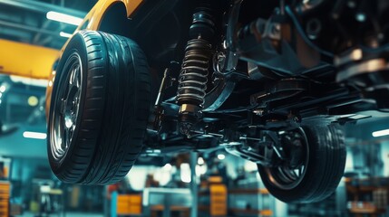 Fototapeta premium A close-up view of an automobile's suspension system and tire in a workshop, highlighting the mechanical components and craftsmanship involved in automotive maintenance.
