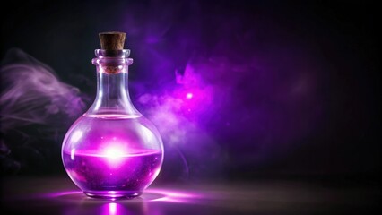 A Glass Bottle Filled with Purple Liquid and Glowing from Within, Set Against a Smoky, Purple Backdrop