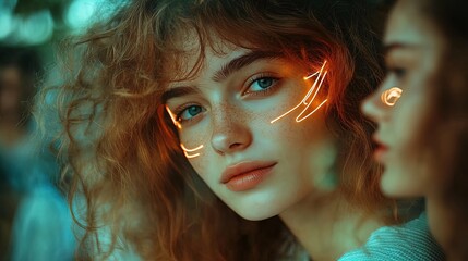 Dynamic Connectivity: A Modern Portrait Surrounded by Diverse Faces and Neon Lines – Perfect Poster for Sports Interiors to Inspire Team Spirit and Unity