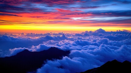 Fototapeta premium Majestic Sunset Over Towering Clouds and Distant Mountain Peaks