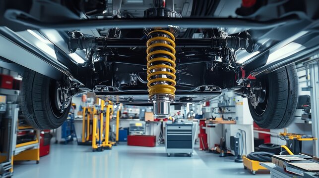 An underside view of a vehicle showcasing a yellow suspension coil in a well-equipped automotive workshop.