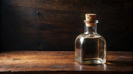 Glass Bottle with Cork Stopper on Wooden Surface