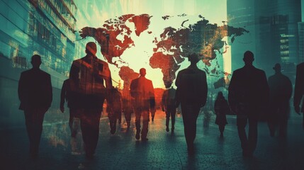 A silhouette of people walking against a backdrop of a glowing world map, symbolizing global connectivity and corporate influence.