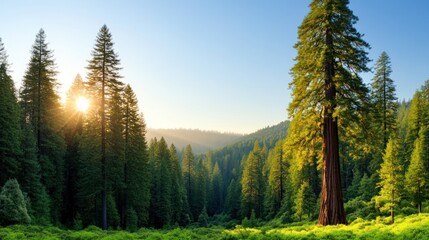 Serene forest landscape with tall trees and sunlight filtering through.
