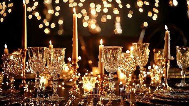 A luxurious New Year&rsquo;s Eve gala dinner setup, featuring an elegant table with golden cutlery, crystal glasses, and flickering candles. Sparkling fairy lights hang overhead, creating a warm and 