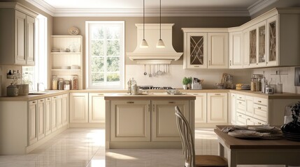 Fototapeta premium A modern kitchen with cream-colored cabinetry and a central island, designed for cooking and dining.