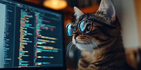 Cat wearing glasses coding at computer, focused and humorous expression