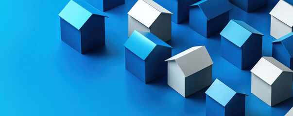 Obraz premium A colorful arrangement of small, geometric houses in various shades of blue, set against a vibrant blue background.