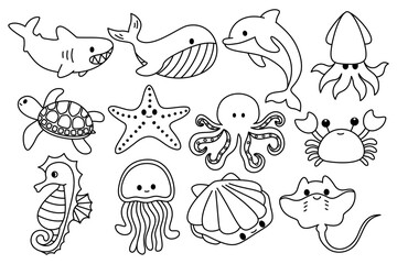 set of sea animals doodle outline