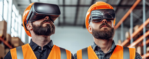 Two workers wearing virtual reality headsets, dressed in safety gear, are engaged in a technological environment.