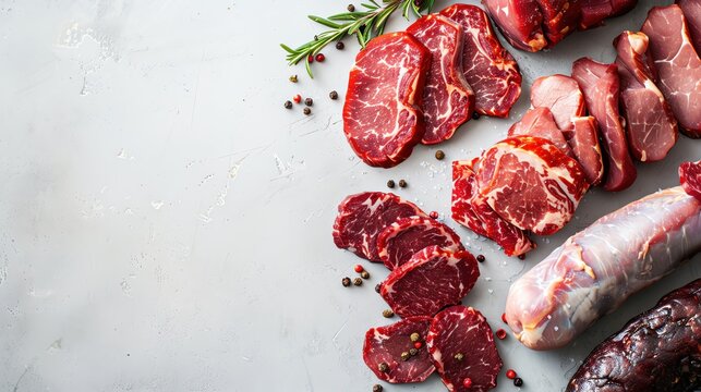 Nitrites and Nitrates, Cured meats with nitrites and nitrates, light grey background