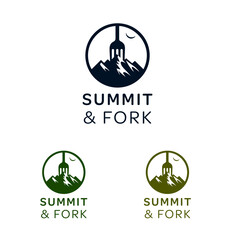 Summit Fork logo design with mountains, fork, and moon. Ideal for outdoor adventure companies, restaurant logos, or mountain themed designs. EPS Layered Vector File