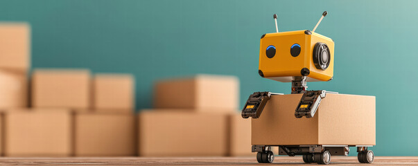 Obraz premium A cheerful robot on a cart sits among cardboard boxes, showcasing a playful blend of technology and logistics.