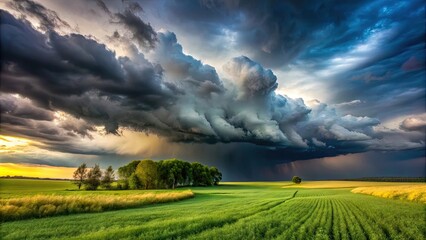 A dramatic scene of a field under stormy skies, with dark clouds looming overhead and vibrant greenery in the foreground, field