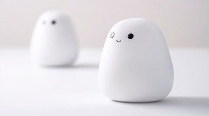 Two cute, minimalist ghost-shaped figures with smiling faces, set against a soft, neutral background.
