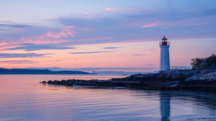 A serene lighthouse at sunset, reflecting on calm waters