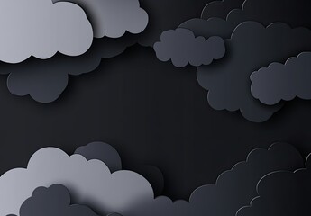 Black background with gray paper-cut clouds, vector illustration, flat design