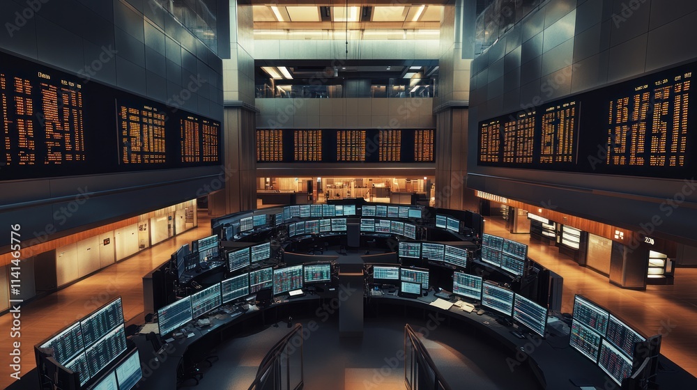 Poster a modern trading floor with multiple screens displaying financial data and analytics.