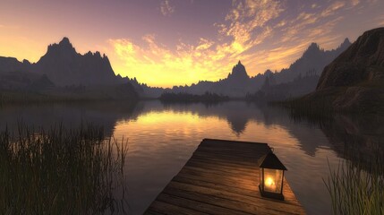 A serene lake at twilight, where a wooden dock leads into calm, mirror-like waters. The sky transitions from warm yellows to deep purples, and distant mountains fade into soft silhouettes. A 