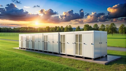 Energy storage cabinets placed in a large outdoor field, energy, storage, cabinets, field, renewable energy, technology