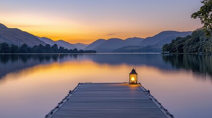 Obraz premium A serene lake at twilight, where a wooden dock leads into calm, mirror-like waters. The sky transitions from warm yellows to deep purples, and distant mountains fade into soft silhouettes. A 