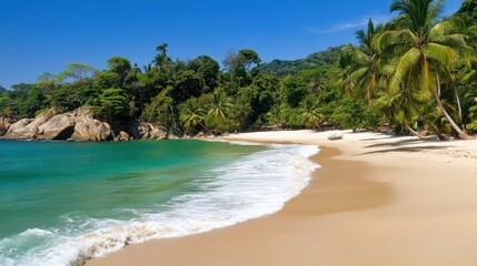 Tropical Paradise Beach with Clear Blue Water and Lush Green Plants