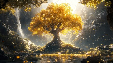 Golden Tree in Autumn Waterfall Landscape