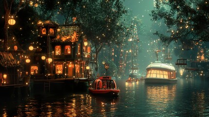 Fototapeta premium Enchanted River City at Night: A Magical Landscape