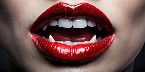Obraz premium Close-up of vampire fangs and glossy red lips, blending beauty and horror, vampire, fangs, glossy, red, lips, close-up