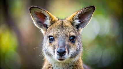 Fototapeta premium Close up of a cute wallaby face, wallaby, Australian, closeup, adorable, marsupial, wildlife, fluffy, cute, animal, mammal, portrait