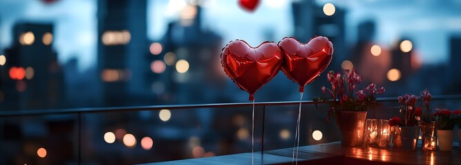 A romantic rooftop with a panoramic view of the city, heart-shaped balloons floating in the air, and twinkling lights creating a festive Valentine is Day mood