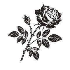 silhouette of a fully bloomed rose with detailed petals and leaves, in a bold black outline on a white background