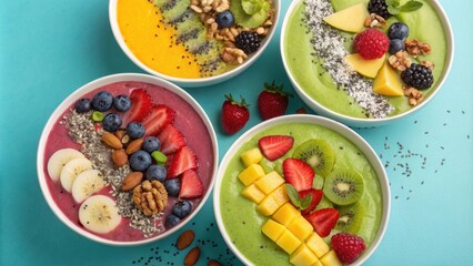 Four colorful smoothie bowls topped with various fresh fruits, nuts, and seeds are arranged on a vibrant turquoise background, creating a visually appealing and healthy meal option