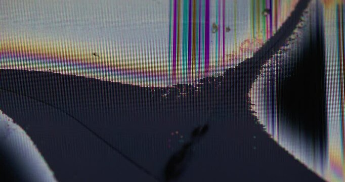 Grunge screen. Matrix deformation. Damaged color surface with dead black area broken glitch pixels. Poor quality channel digital grid line overlay.