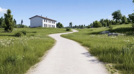 A serene pathway leading to a house amidst lush greenery.