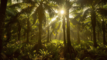 A serene tropical forest with sunlight filtering through palm trees, creating magical atmosphere
