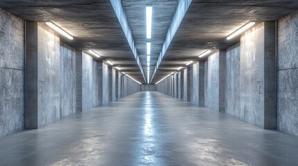 A modern, illuminated concrete hallway with a polished floor and minimalistic design.