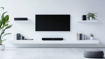 Sleek minimalist white TV shelf design featuring decorative books and sound system.